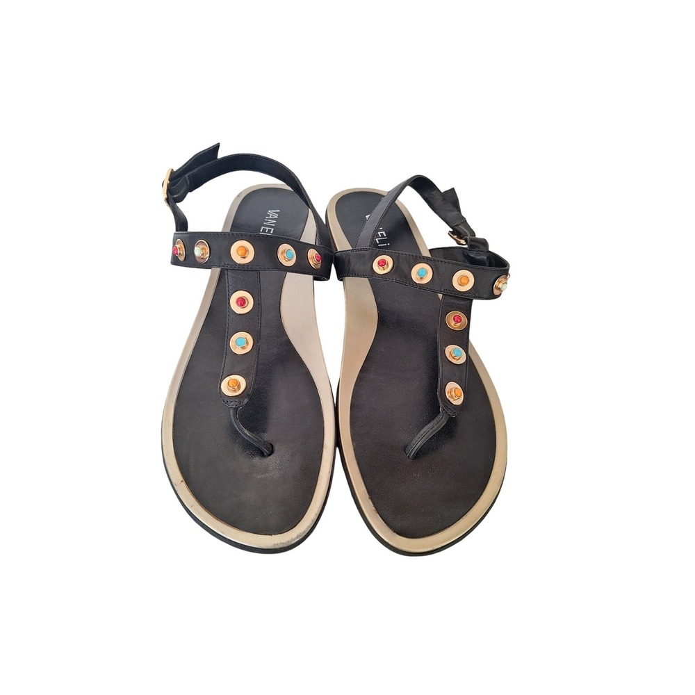 Vaneli Women's Thong Sandals Black Leather Chain Detail size 11